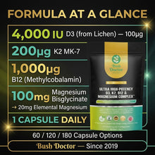将图片加载到图库查看器,Vitamin D3 4000IU, K2 MK7, Magnesium Bisglycinate & Vitamin B12 Vegan Capsules