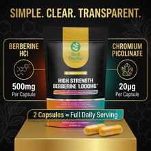 Laden Sie das Bild in den Galerie-Viewer, Berberine HCl 1000mg + Chromium High Strength 99% Pure Vegan Capsules Bush Doctor