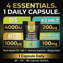将图片加载到图库查看器,Vitamin D3 4000IU, K2 MK7, Magnesium Bisglycinate & Vitamin B12 Vegan Capsules
