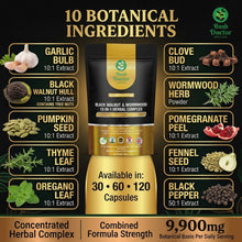 将图片加载到图库查看器,Black Walnut Wormwood Clove Garlic Pumpkin Seed 10-in-1 Herbal Capsules Vegan
