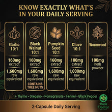 将图片加载到图库查看器,Black Walnut Wormwood Clove Garlic Pumpkin Seed 10-in-1 Herbal Capsules Vegan