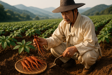 Load image into Gallery viewer, red ginseng root being harvested in korea by korean farmer