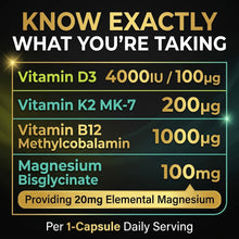 将图片加载到图库查看器，Vitamin D3 4000IU, K2 MK7, Magnesium Bisglycinate &amp; Vitamin B12 Vegan Capsules
