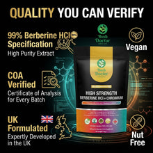 Laden Sie das Bild in den Galerie-Viewer, Berberine HCl 1000mg + Chromium High Strength 99% Pure Vegan Capsules Bush Doctor
