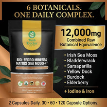 Load image into Gallery viewer, Irish Sea Moss Capsules 12000mg Bladderwrack Burdock Sarsaparilla 6-in-1 Vegan
