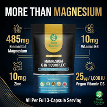 将图片加载到图库查看器，Magnesium Glycinate 6-in-1 2500mg 485mg Elemental B6 Zinc D3 60 120 180 Caps

