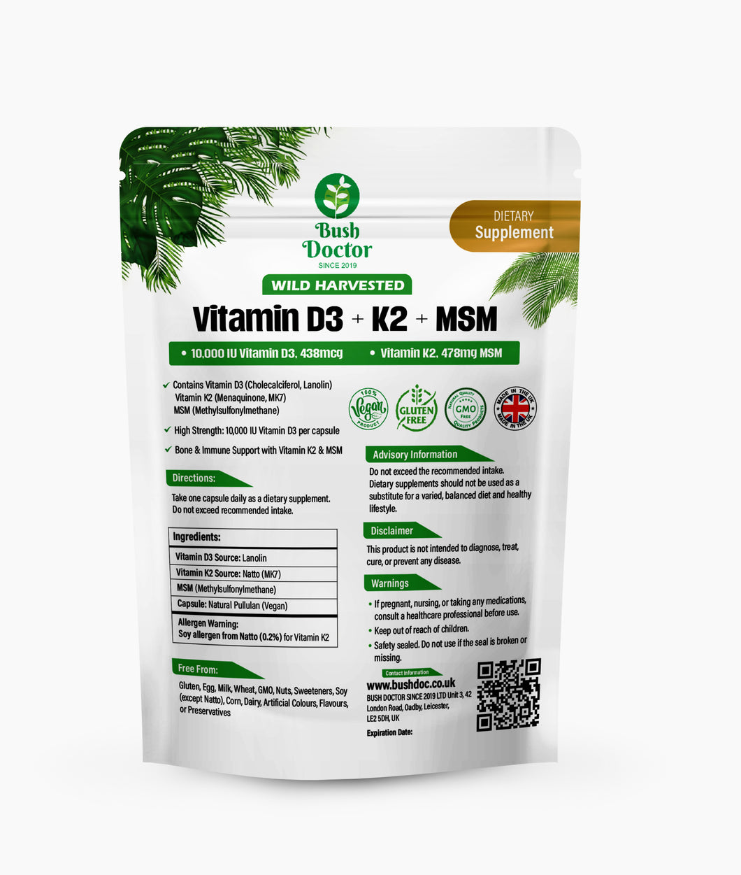 D3 K2 (MK-7) from Natto + MSM – High Strength Vitamin D3 10,000 IU & K2 400 mcg Capsules | Immune Support & Bone Health