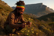 将图片加载到图库查看器，a south africa cape town rastafarian picking up african potato Hypoxis Hemerocallidea   in west cape town mountains 
