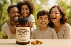 happy family with the  Turmeric, Ashwagandha, Ginger & Black Pepper Capsules pack