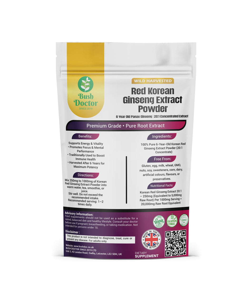 Korean Red Ginseng Extract Powder – 100% Pure 6-Year-Old Red Panax Ginseng | 20:1 High-Potency Extract | Energy, Focus, and Immune Support