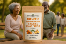 Load image into Gallery viewer, use the bush doctor Turmeric, Ashwagandha, Ginger &amp; Black Pepper Capsules pouch and add happy old black couples  
